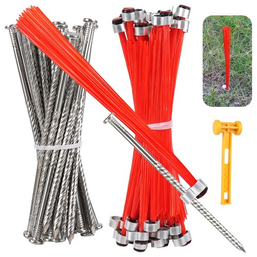 30 Pcs Ground Marking Whiskers Neon Orange Marking Whiskers with Lightweight Stakes Survey Property Line Markers for House Garden Lawn Landscape Ground Hunting Markers