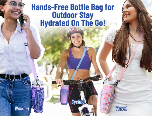 DLOCCOLD Water Bottle Carrier Bag with Phone Pocket for 40 oz Tumbler, Water Bottle Holder with Adjustable Shoulder & Handheld Strap, Carrier Sling Bag for Water Bottle Walking Camping Travelling