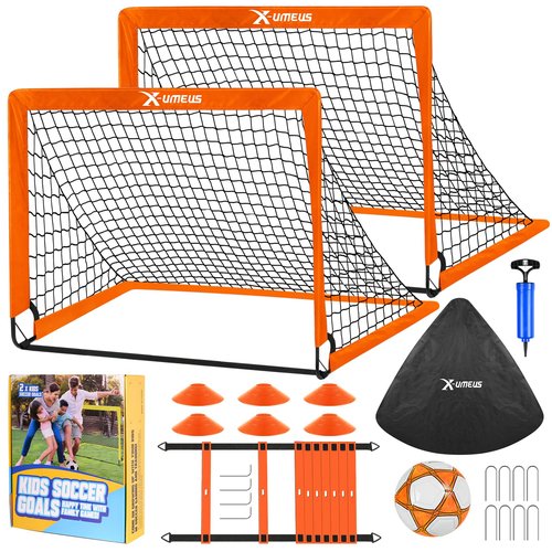Kids Soccer Goals for Backyard Set- 2 of 6X4/ 4X3 ft Toddler Soccer Goal Training Equipment with Soccer Ball, Ladder, Pop Up Soccer Net for Kids Age 3-5 4-6 6-8 8-12 10-12 Outdoor Games Sports Gift