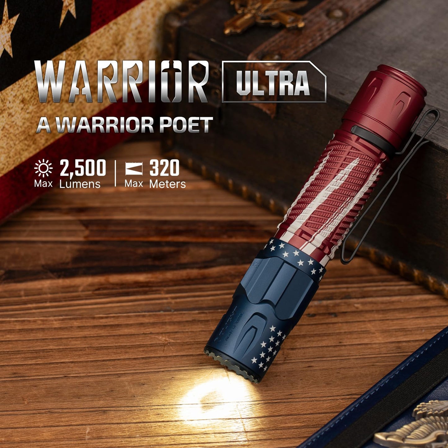 OLIGHT Warrior Ultra 2500 Lumens Tactical Flashlight, Compact Dual Switches Rechargeable Bright Light with Proximity Sensor, Suitable for Emergency, Outdoor, Searching (Stars & Stripes Edition)
