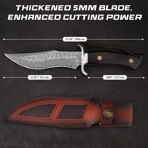 SPITZKANTE Damascus Hunting Knife P-S, 11.26" Damascus Fixed Blade Bowie Knife with Leather Sheath, Outdoor Survival Camping Hiking