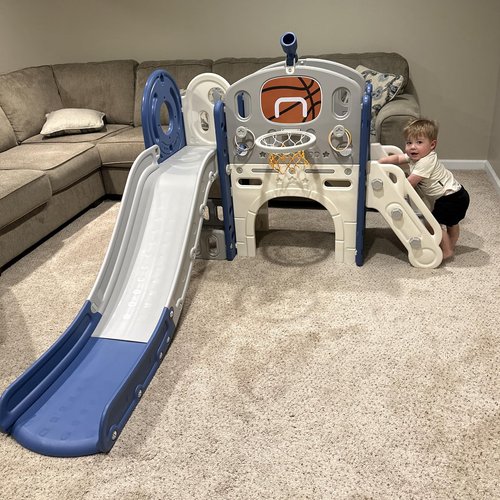 XJD 8 in 1 Toddler Slide Set, Kids Slide for Toddlers Age 1+, Toddler Climber Slide PlaySet with Basketball Hoop and Ball,Outdoor Indoor Playground for Toddlers 1-3 (Blue Gley, 8 in 1)