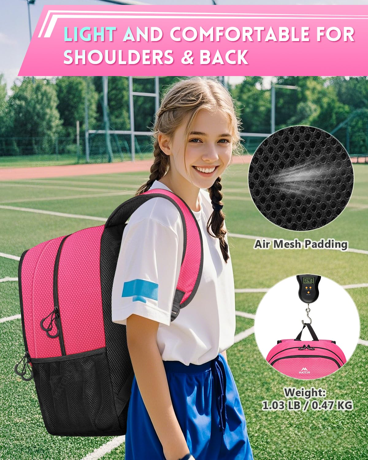 MATEIN Girls Soccer Backpack, Large Basketball Bag with Ball Holder & Shoe Compartment for Tournament & Game Day, Lightweight Youth Sports Bag with Fence Hook Fits 15.6 Inch Laptop, Soccer Team Gifts