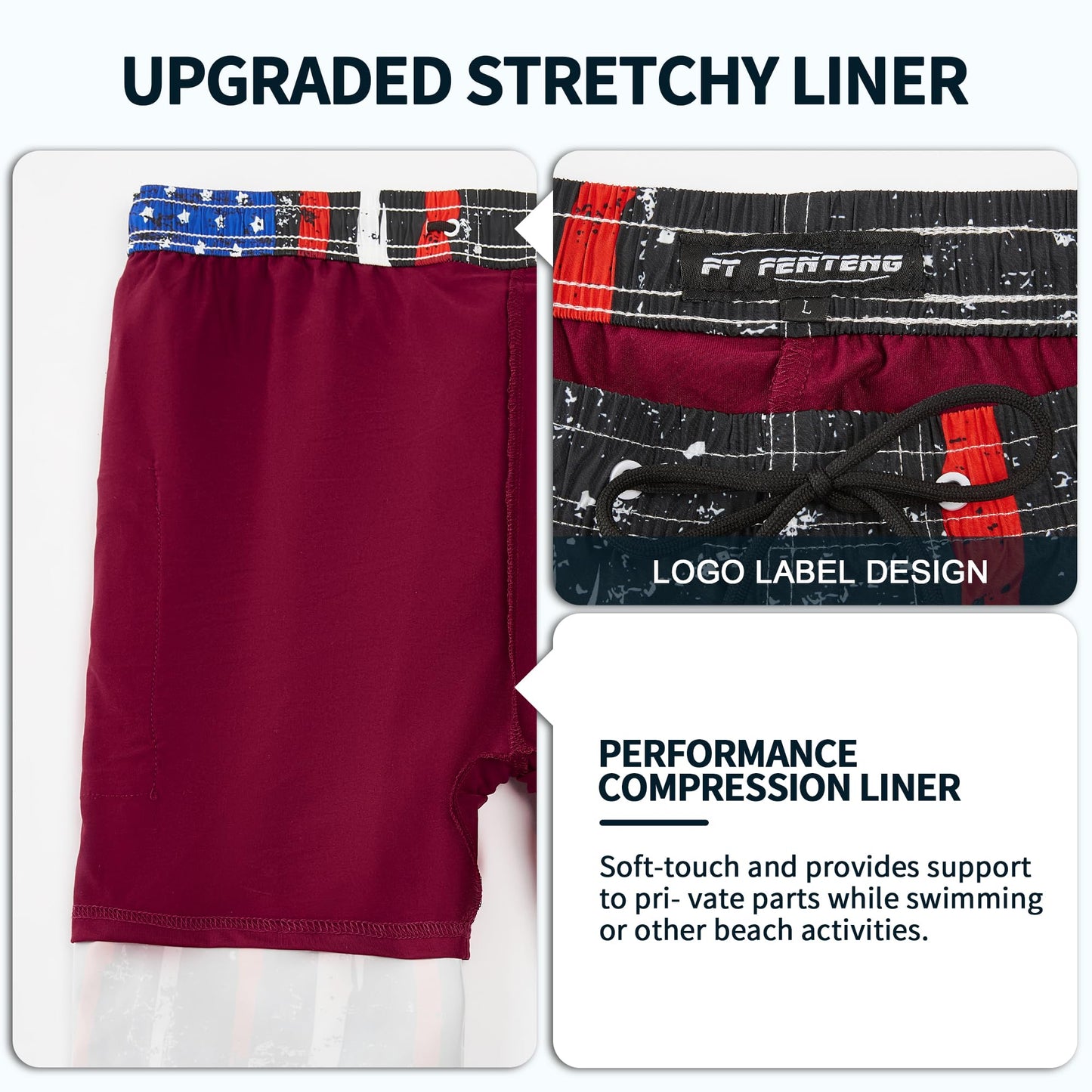 Mens Swim Trunks with Compression Liner, 1776 Patriotic American Flag Men Bathing Suit Mens Swimming Trunks with Zipper Pockets 9 inch inseam Men's Board Shorts Swimwear Quick Dry Swimsuits, L
