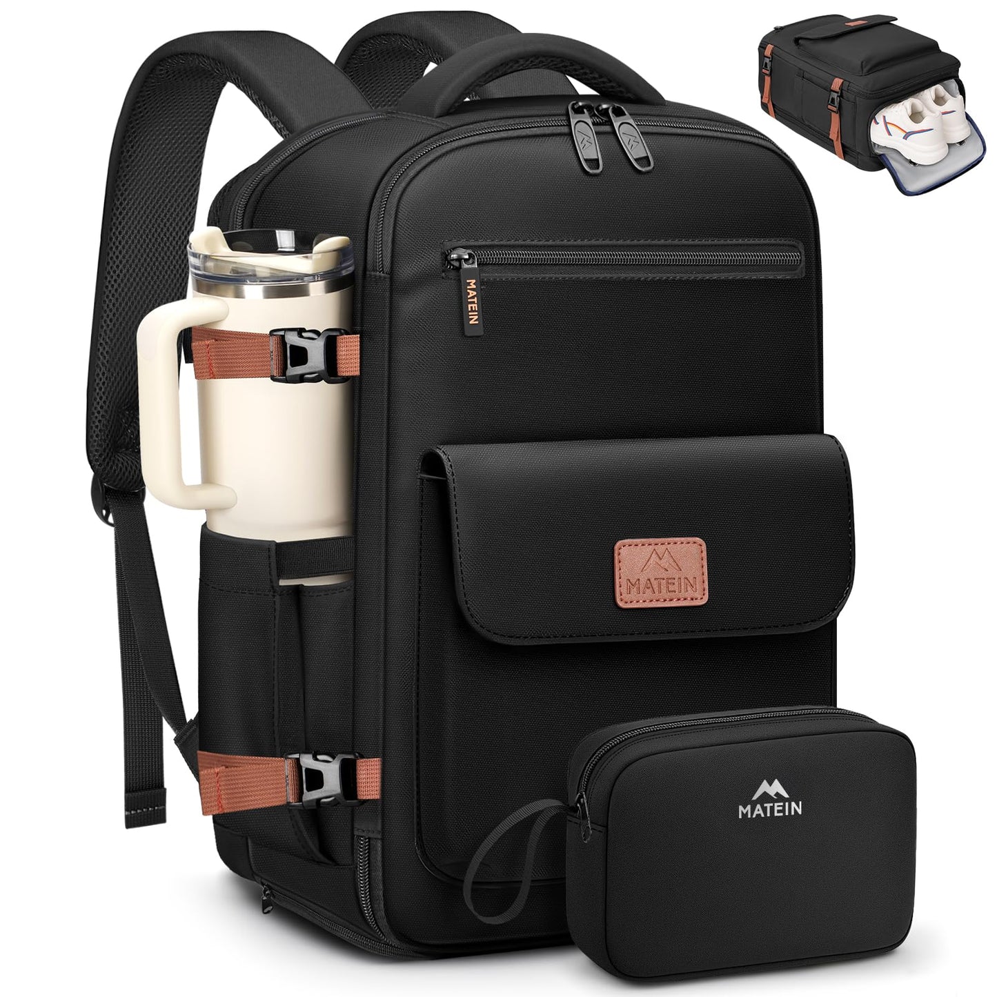 MATEIN Personal Item Backpack 18x14x8 for Frontier, Underseat Travel Backpack with Water Bottle Holder Fit 15.6" Laptops, TSA Approved Luggage Bag with Shoe Compartment for Airlines, 2 Pcs Set