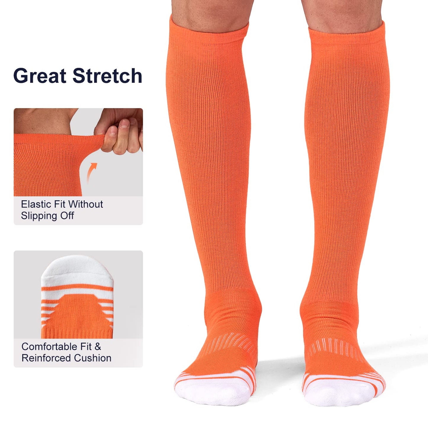 FITRELL 2 Pack Baseball Soccer Softball Socks for Kids Youth Men & Women Over-the-Calf Knee High Socks, Orange, Small