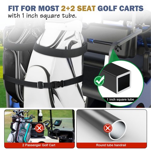 Clyvira Golf Cart Bag Holder Bracket – Lightweight & Sturdy, No Drilling Required, Adjustable Attachment for EZGO, Club Car, Yamaha 2+2 Rear Seats with 1-Inch Square Tube