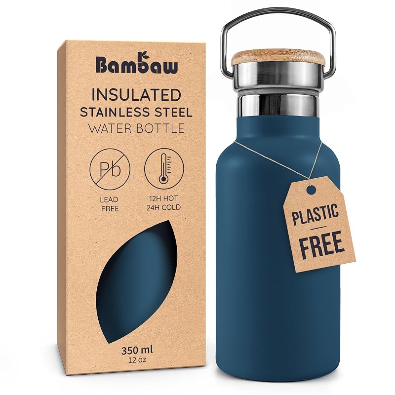 Aegean Blue Bambaw 12 oz Insulated Water Bottle – Stainless Steel Hot & Cold Bottle, Wide Mouth, Fits Cup Holder