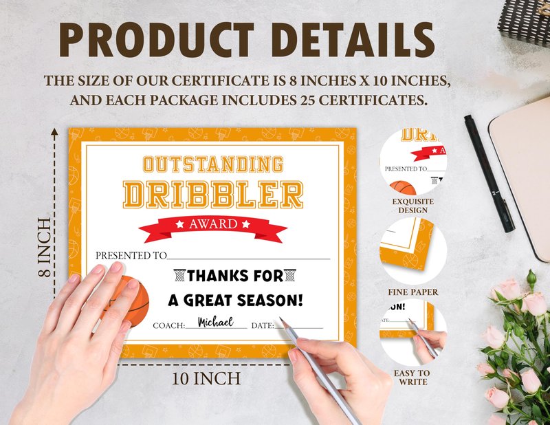 Certificate of Award, 25 Pcs Sports Achievement Certificates for Kids Students, Outstanding Dribbler Awards, Basketball Certificate Favors & Supplies -08