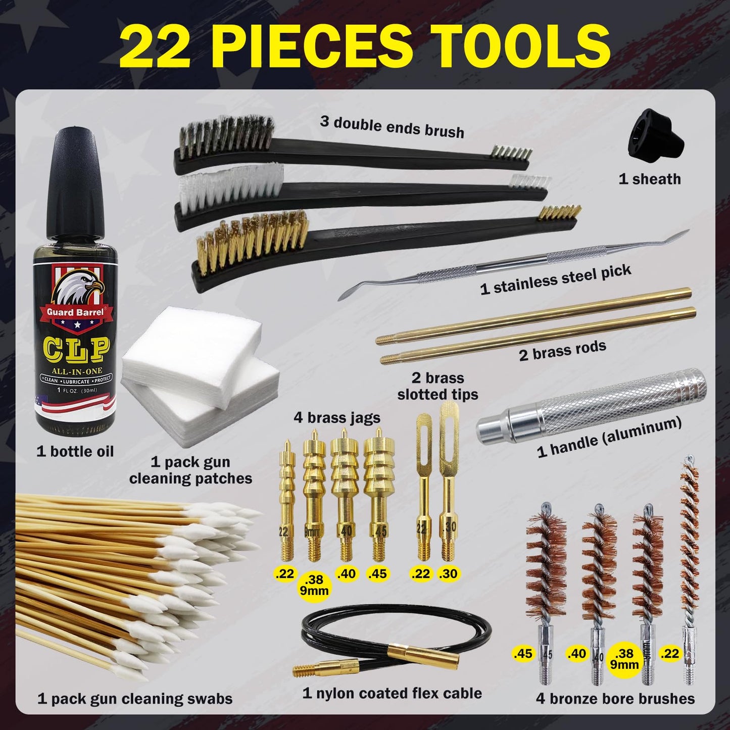Gun Cleaning Kit Universal Pistol Cleaning Kit for .22,.357,.38,9mm,.45 Caliber Handgun Cleaning Kit 1oz Gun Cleaning Oil, Cleaning Swabs, Bronze Bore Brush and Brass Jag Adapter with Portable Case