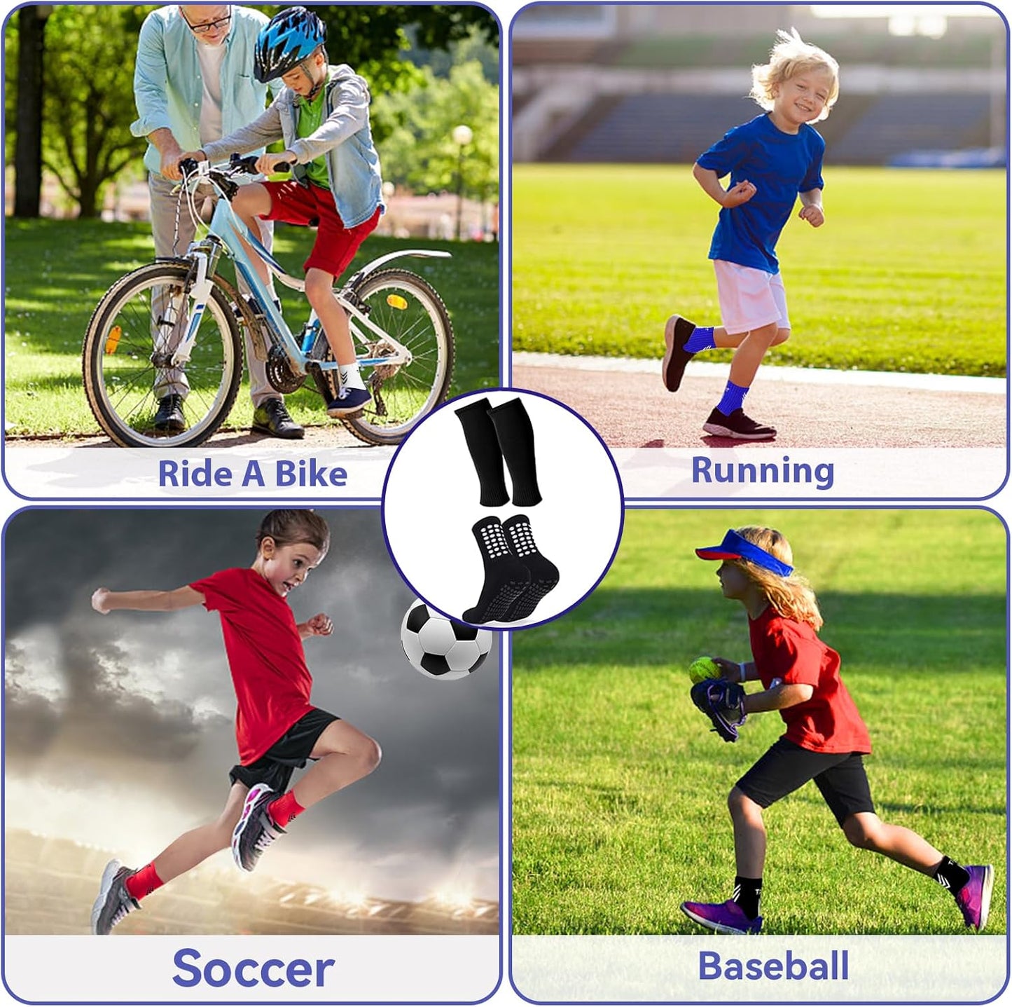 2 Set Kids Grip Soccer Socks with Shin Guard Sleeves Non Slip Soccer Leg Sleeve Socks for Boys Girls