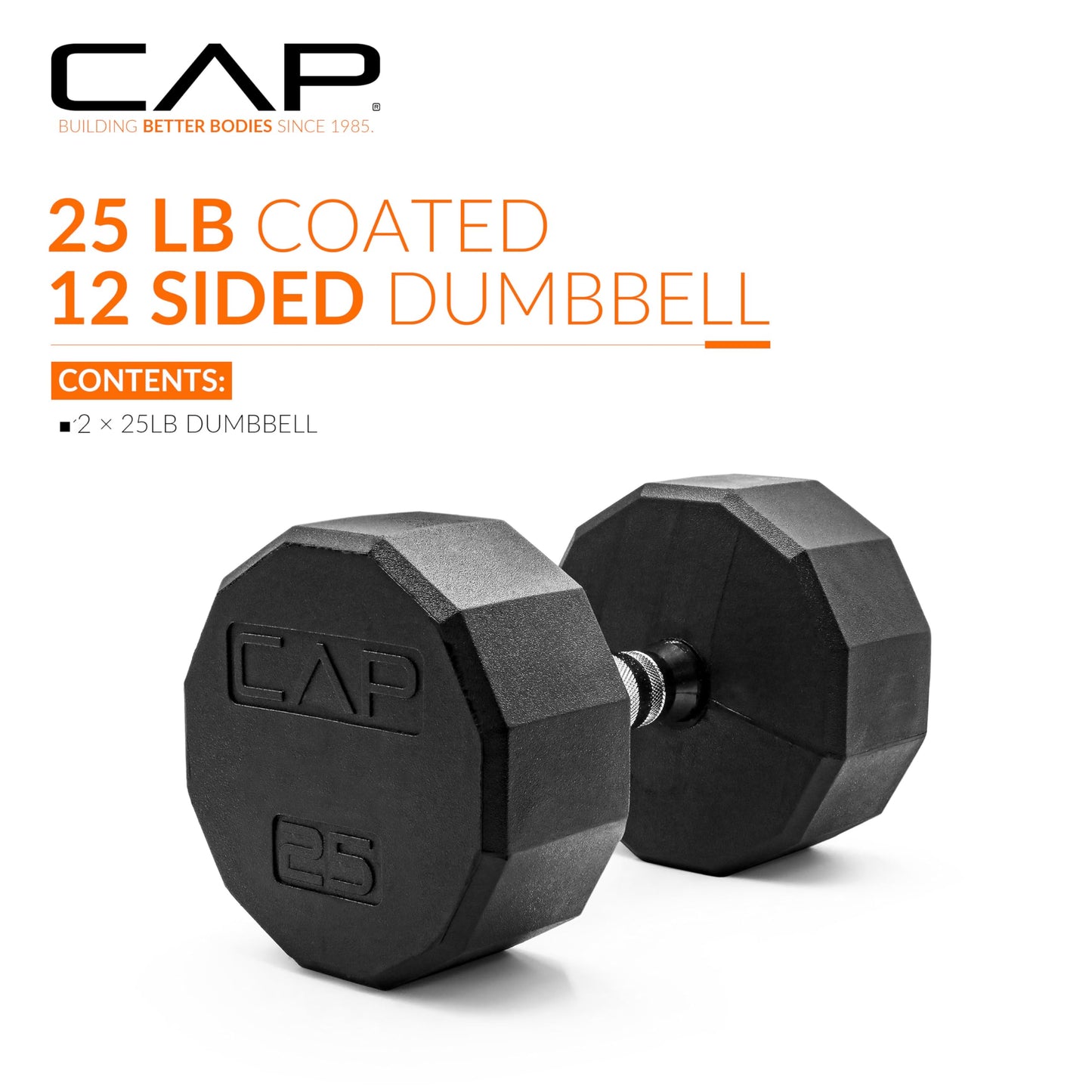 CAP 25 LB 12-Sided Rubber Coated Dumbbell Weight, Rubber Free Weights for Home Gym Strength Training, Chrome Handle, Pair