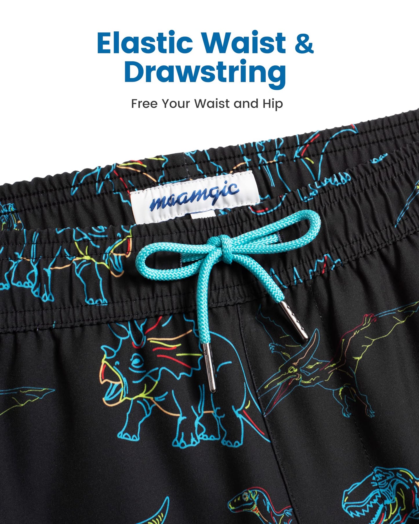 maamgic Mens Swim Trunks with Compression Liner 5 Inch, Quick Dry Bathing Suit with Zipper Pockets, Stretch No-Chafing Swim Shorts, Black-Colorful Dinosaur Medium