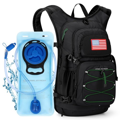 Maelstrom Hydration Hiking Backpack with 2L/3L Water Bladder, High Flow Bite Valve Camping Daypack Lightweight (1.Black, 2L Bladder)