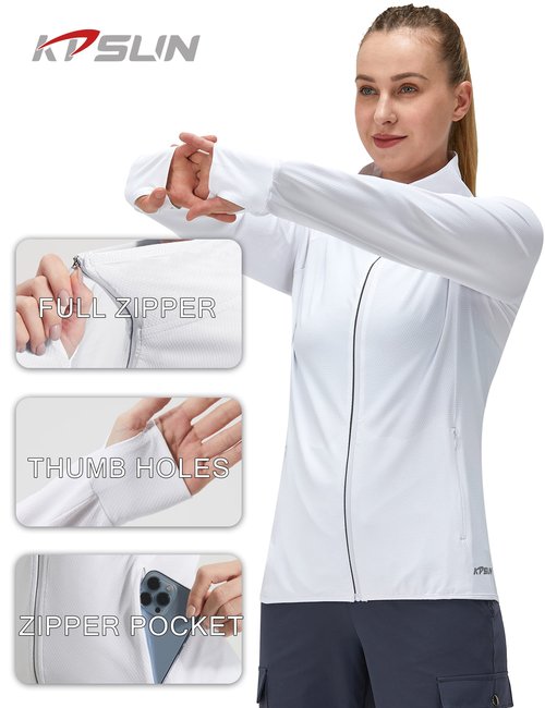 KPSUN Women's UPF 50+ UV Sun Protection Clothing Long Sleeve Athletic Hiking Shirts Lightweight SPF Zip Up Outdoor Jacket (White,M)