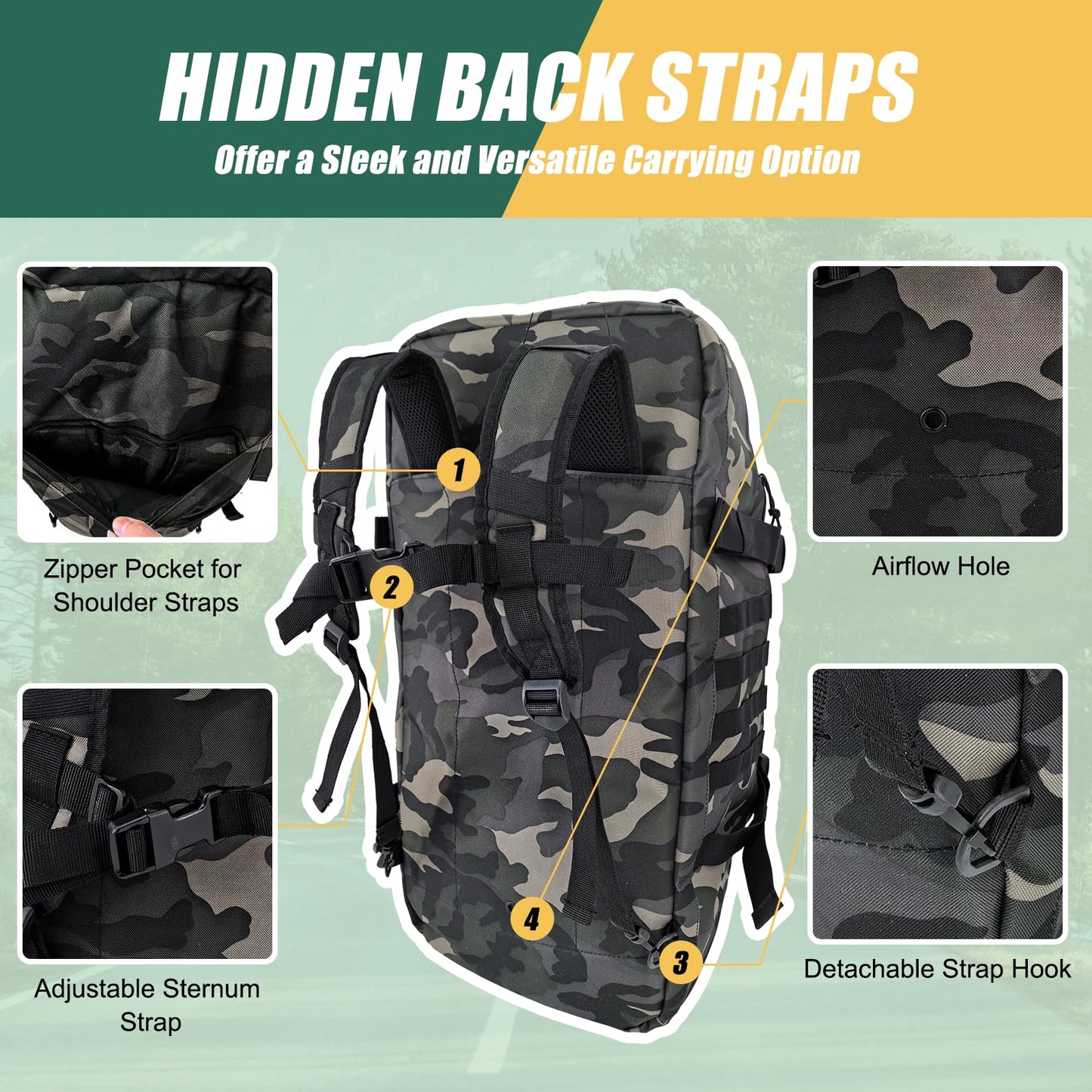 EASY BW 55L Large Travel Gym Duffle Bag Military Tactical Backpack, Army Pack 3 Day Bug Out Bag Rucksack for Outdoor Sport Hiking Camping with Molle System, Black Camo