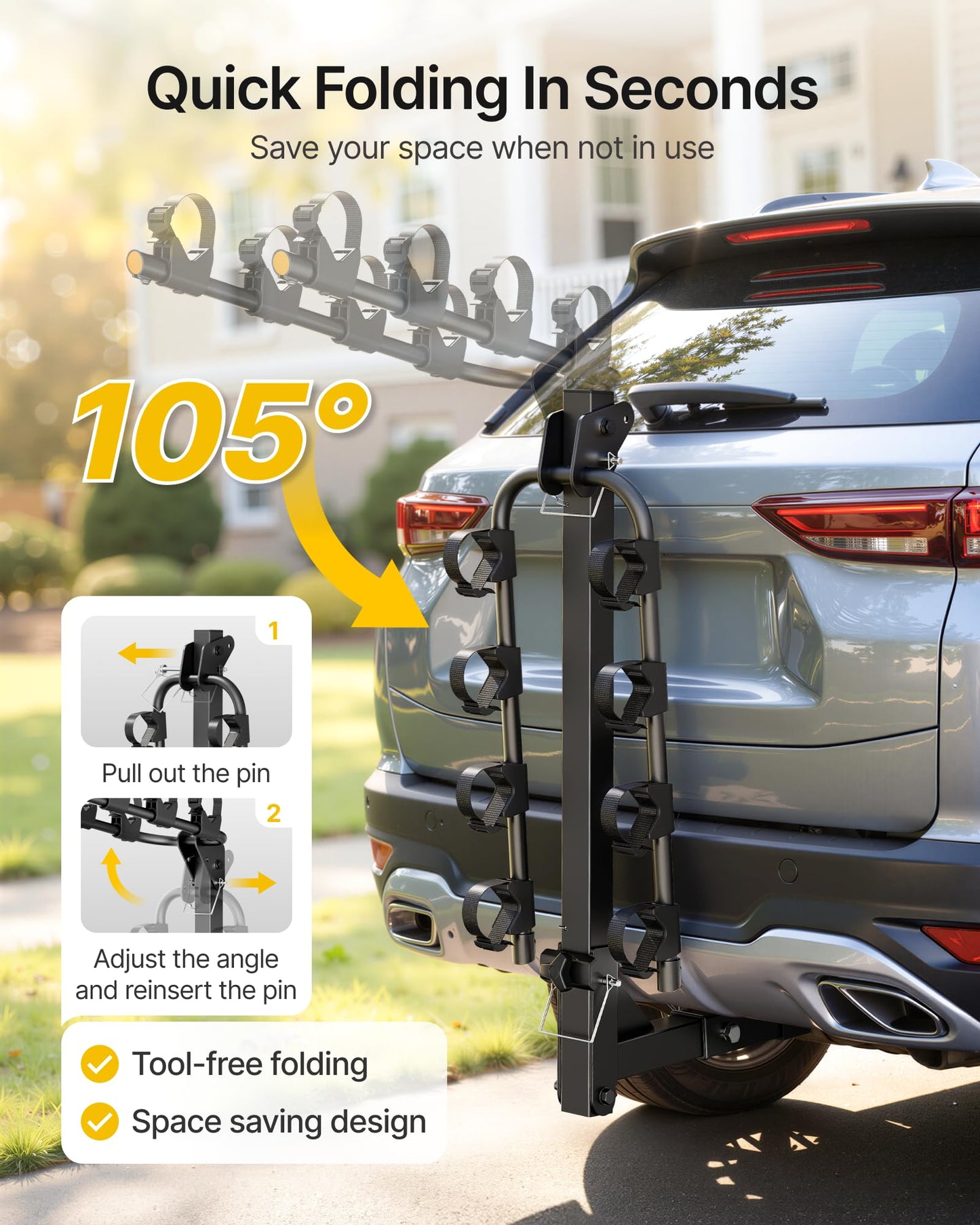 monTEK 4-Bike Rack for Cars, Trucks, SUVs with 2” Hitch, Foldable & Tiltable Bike Rack Hitch,3mm Thick Heavy-Duty Steel Frame, Hitch Bike Rack with Anti-Rattle Stability and Straps, 150 Pound Capacity