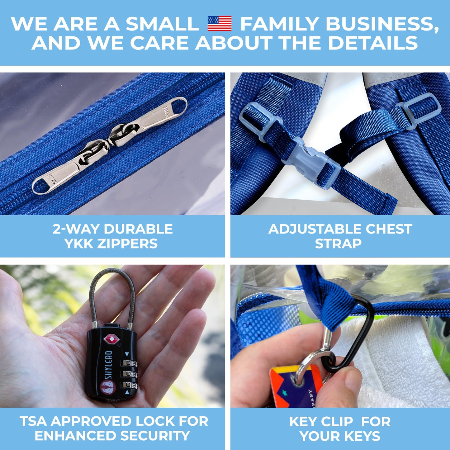 SHYLERO Clear Backpack Heavy Duty has TSA Lock, 2-WAY Zipper. PVC Transparent Backpack Is Extra Large - H18''xW14''xD8 - Blue