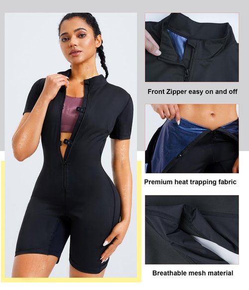 Junlan Sauna Suit for Women Full Body Jumpsuit Waist Trainers for Women Belly Fat Workout Sweat Suit(Black,Large)