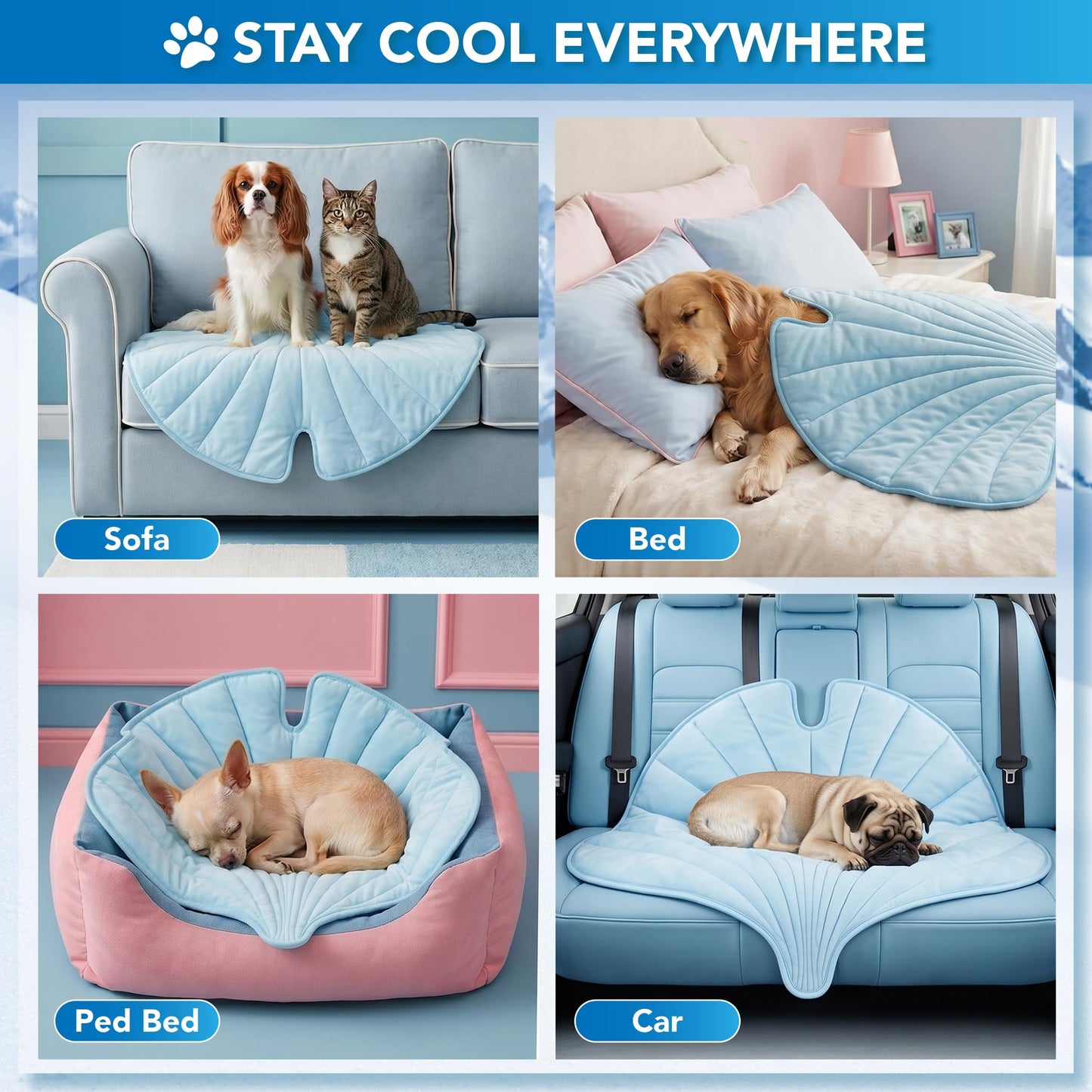 PetAmi Dog Cooling Mat, Ginkgo Leaf Shape, Pet Pad with Cooling Nylon & Soft Fleece, Q-Max > 0.4 Reversible All Season Blanket for Dogs & Cats, Medium 44x49 in, Light Blue