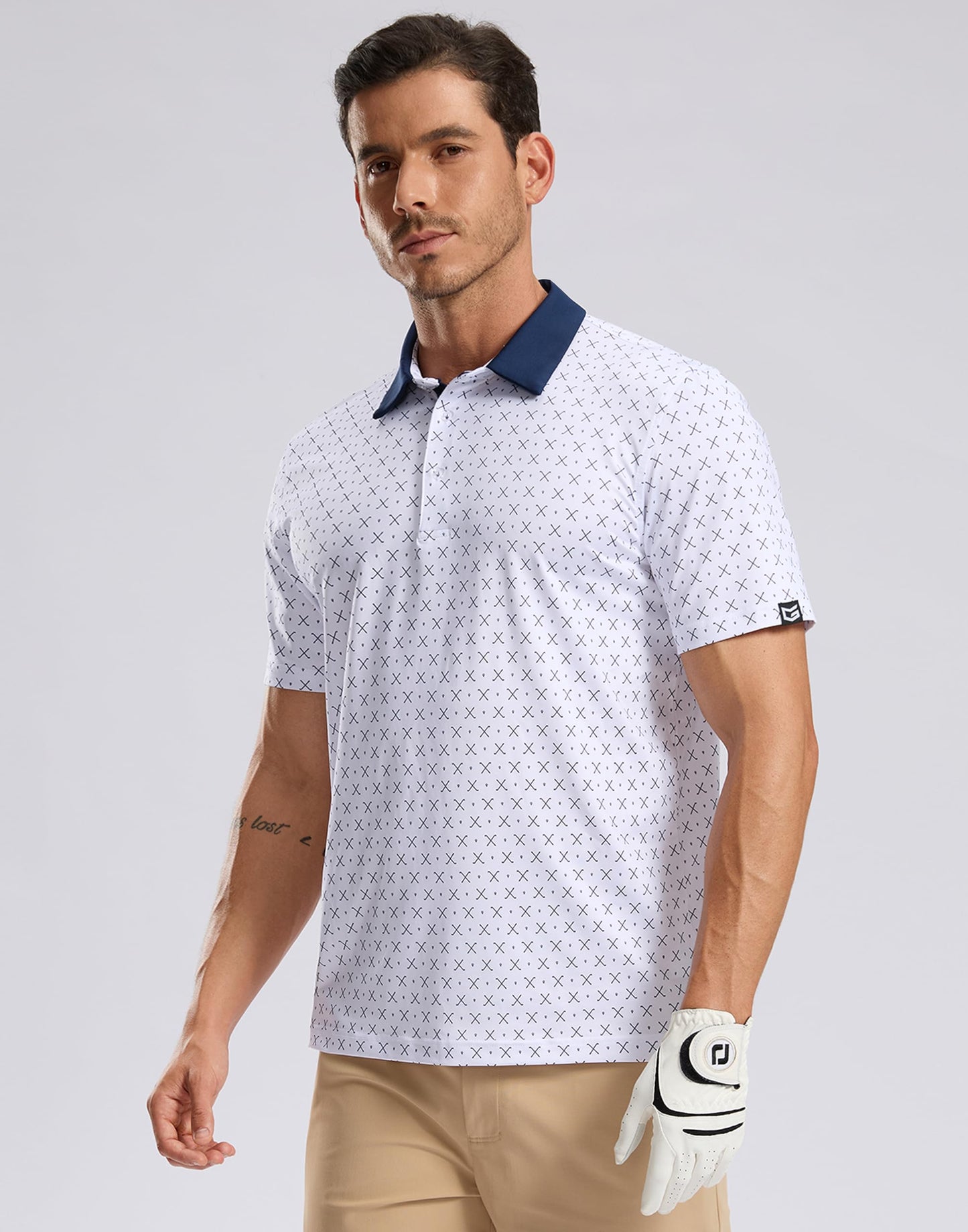 Men's Golf Shirt Short Sleeve Dry Fit Polo Moisture Wicking Print Collared Golf Shirts for Men Casual Lightweight(Golf Clubs White,L)