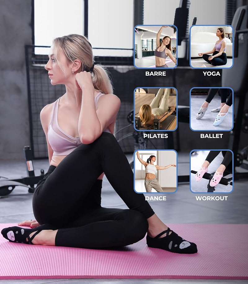 Non-Slip Sock Set for Yoga Barre Pilates - 4 Pairs, One Size, Animal Dark