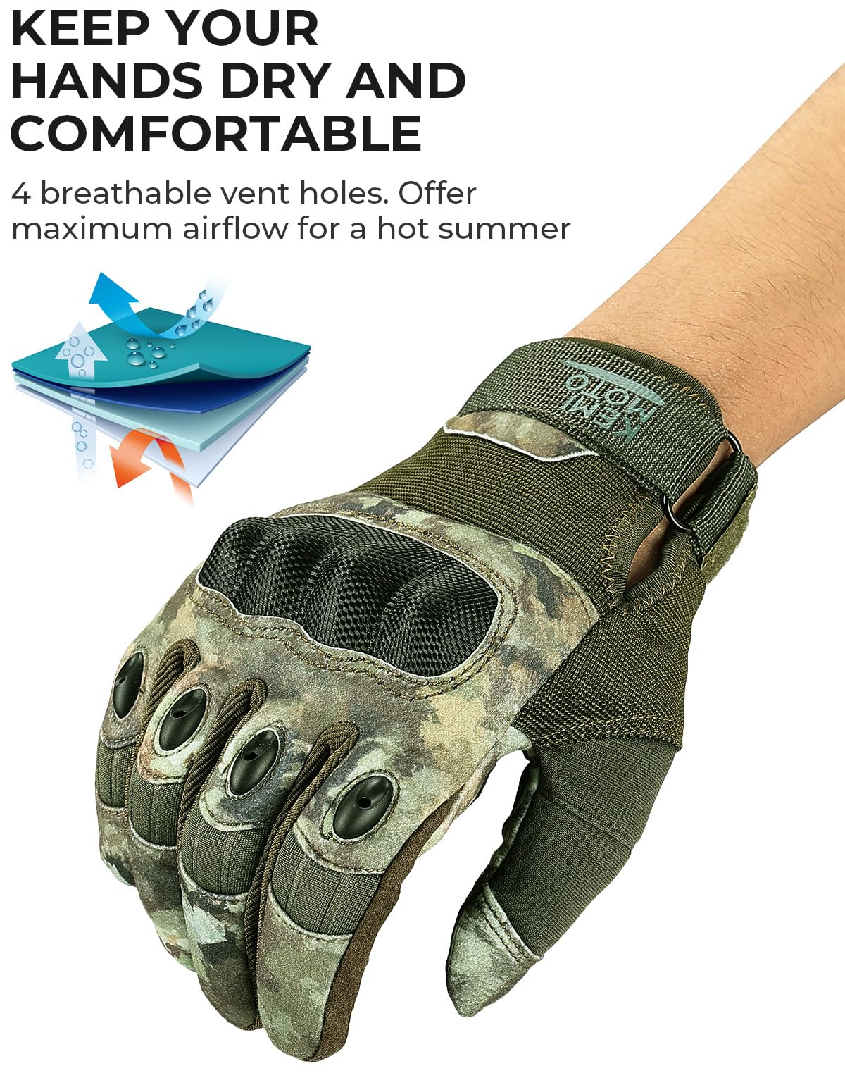KEMIMOTO Camo Tactical Gloves for Men, Touchscreen Motorcycle Gloves with Hard Shell & Palm Padding for Sports Motorcycle Tactical Airsoft Paintball Hunting Hiking Camping Climbing (Camo,Medium)