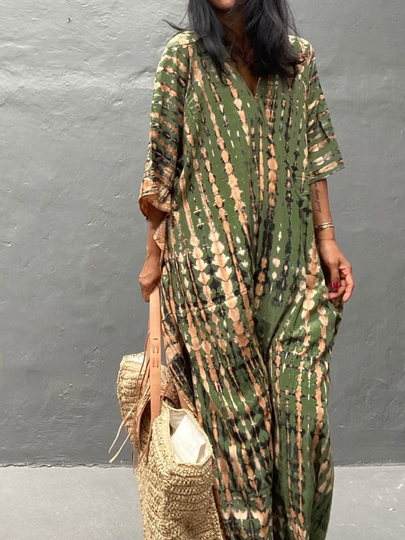 Plus Size Kaftan Dress for Women – Green Coffee Beach Cover-Up