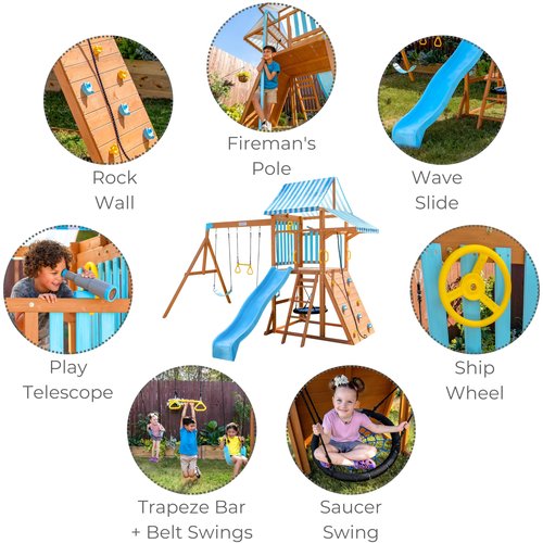Teamson Kids Wooden Swing Sets for Backyard Outdoor Playset with Slide Rock Wall Trapeze Bar Fireman Pole Pirate Wheel Kids Playground with Swingset Holds 9 Children Ages 3 to 10