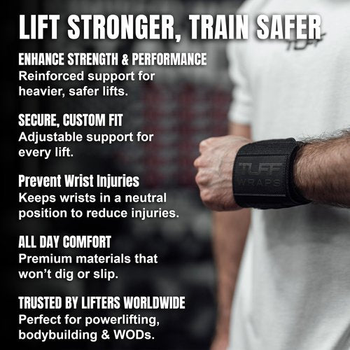 TuffWraps 16" Wrist Straps for Gym - No Thumb Loops - Powerlifting, Weightlifting, and Bench Press Support - Durable Wrist Straps Gym Accessory for Enhanced Wrist Support