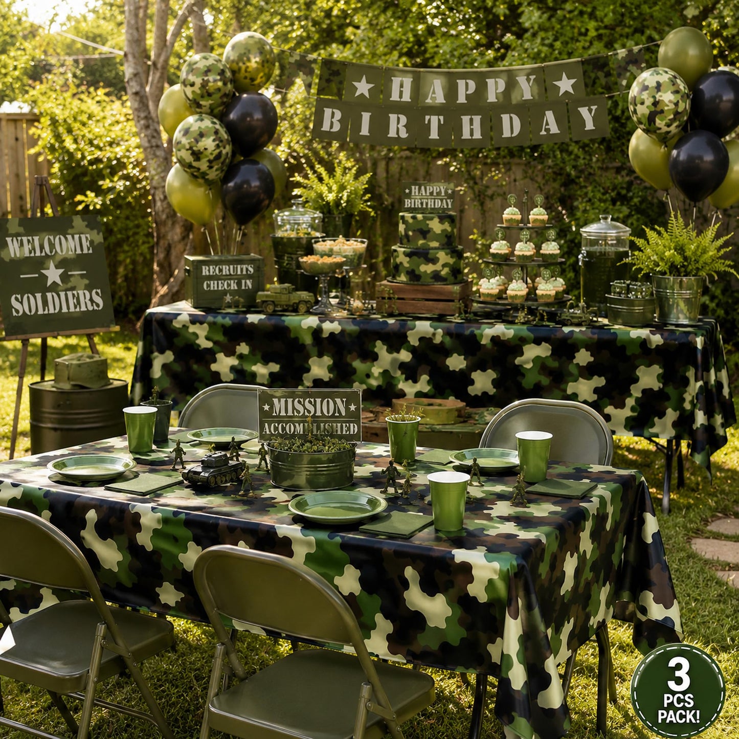 AnapoliZ Army Plastic Tablecloth | 3 Pcs Pack (54” Inch Wide x 102” Inch Long) | Rectangular Camouflage Table Cover | Military Party Table Decorations | Camo Party Plastic Table Cover