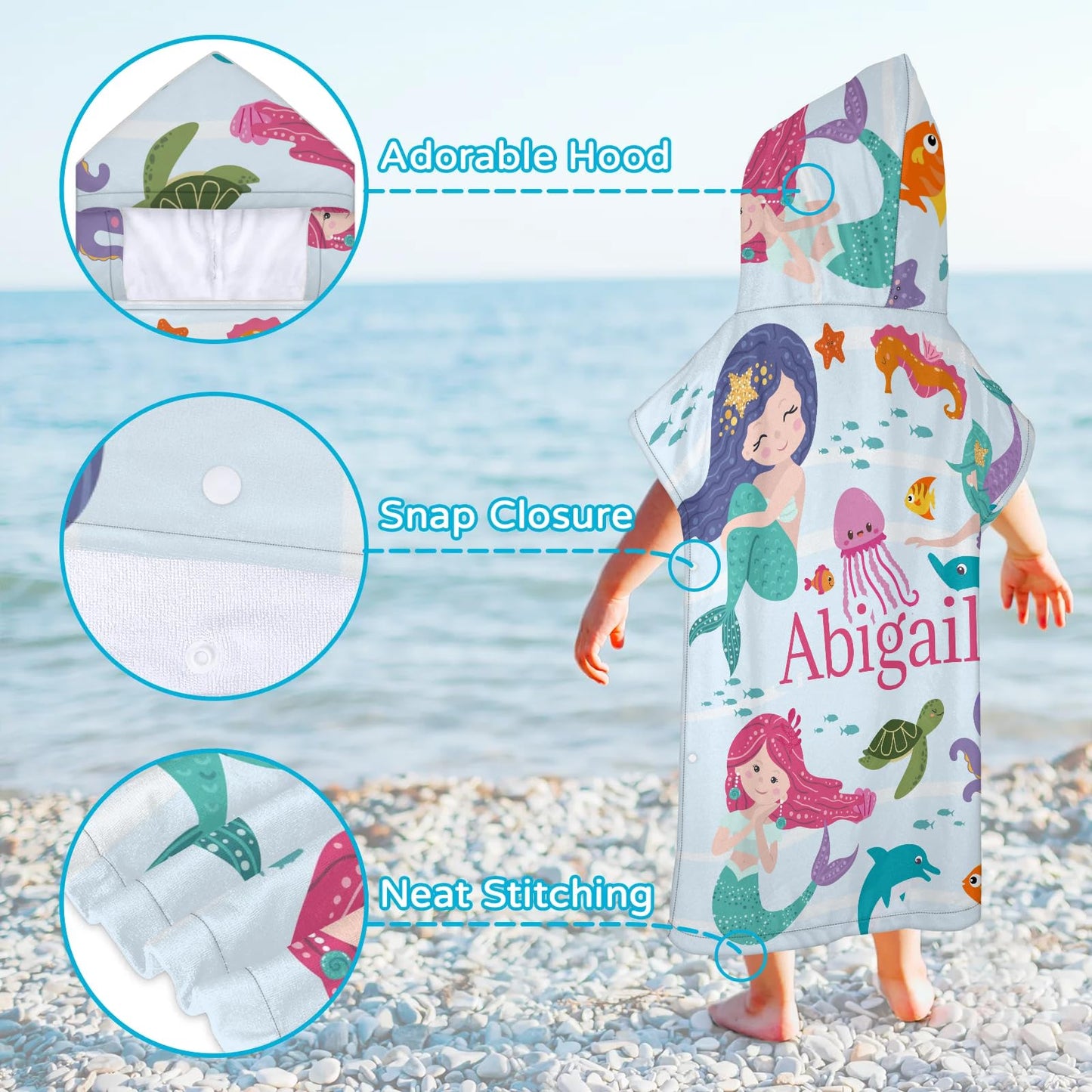 Personalized Mermaid Hooded Beach Towels for Toddlers, Customized Hooded Bath Towel for Girls Kids with Name, Baby Poncho, Custom Microfiber Soft Towels 1-6 Years with Hood Robe for Pool Swimming
