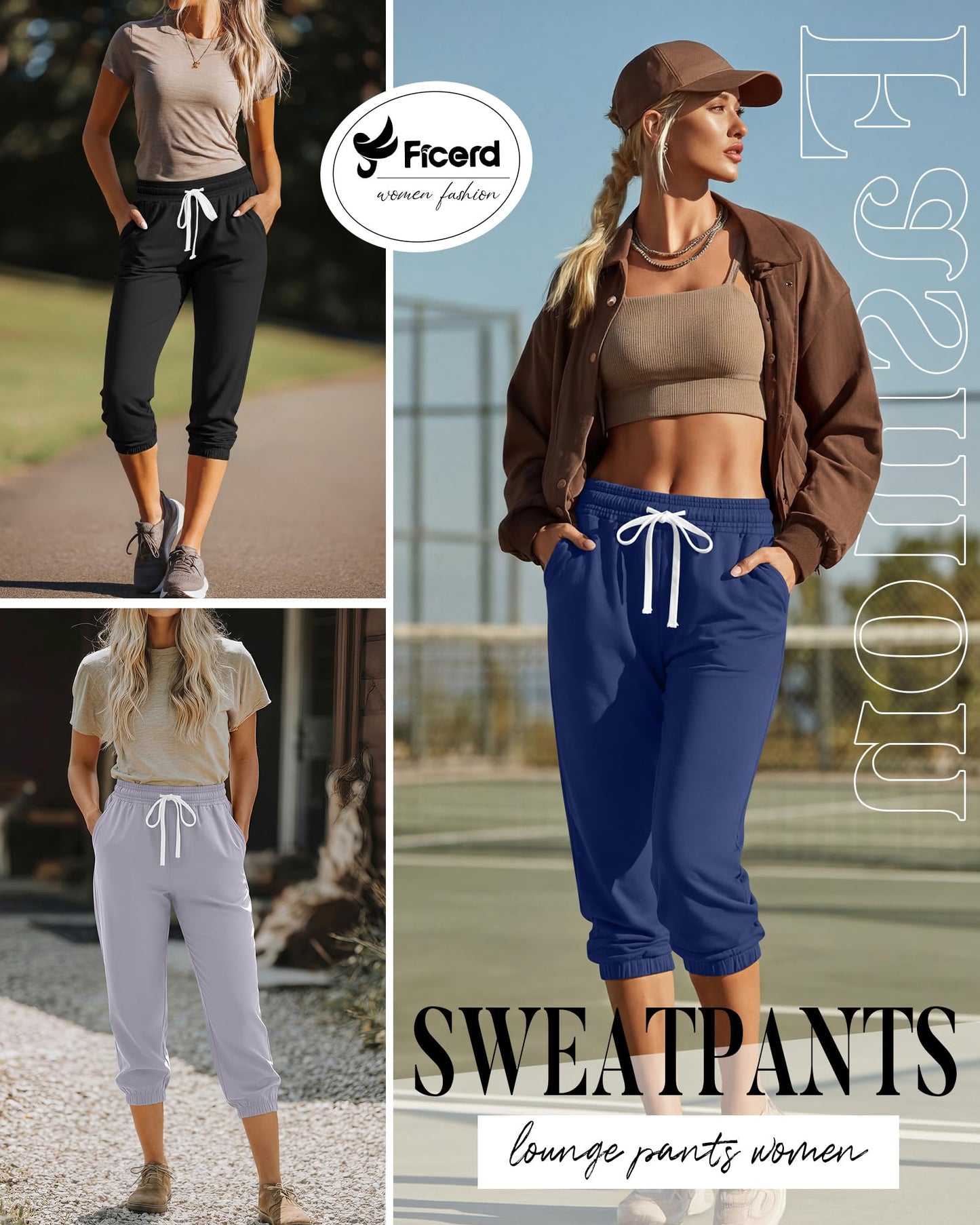 Ficerd 3 Pcs Women's Capri Sweatpants Joggers Casual Sports Cropped Lounge Pants High Waisted Athletic with Pockets (Black, Indigo Blue, Light Gray,XXLarge)