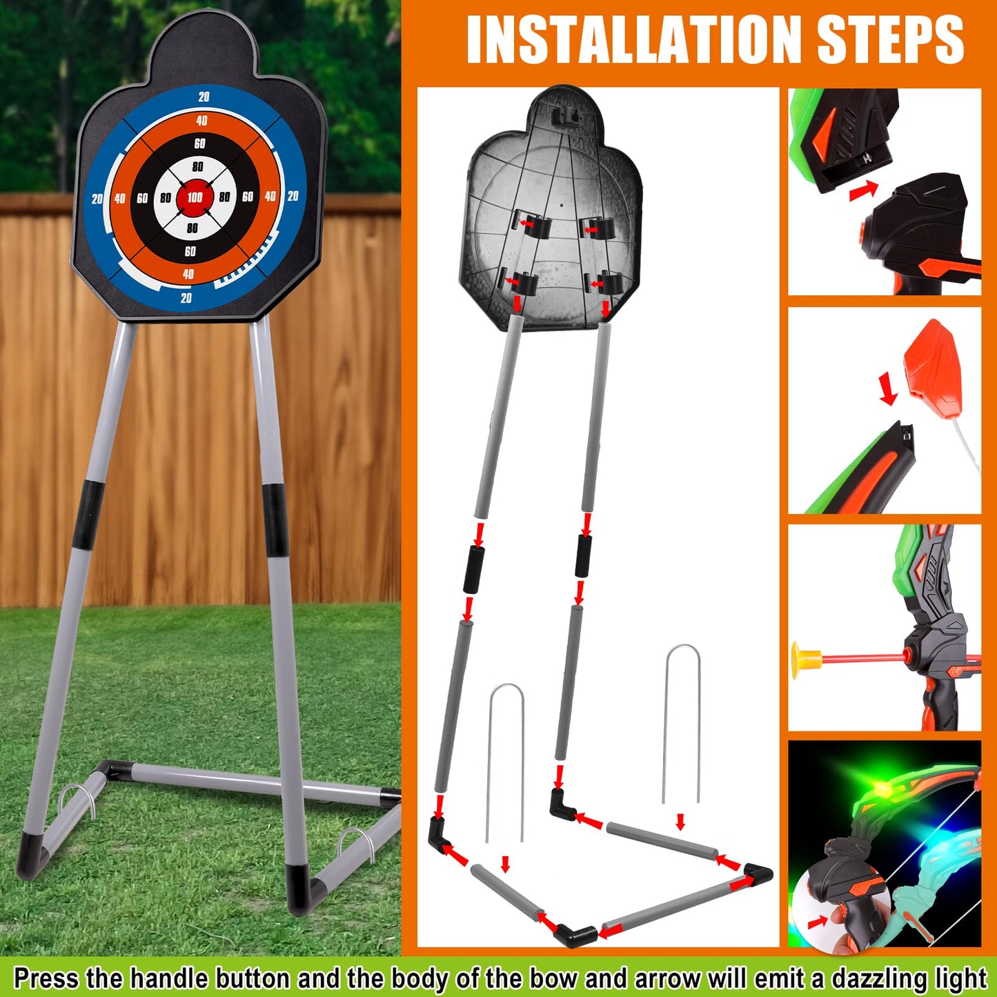 TWFRIC 2 Pack Bow and Arrow for Kids - LED Light Up Archery Set with 16 Arrows, 1 Standing Target & 2 Quivers - Fun Indoor/Outdoor Toy for Boys & Girls Aged 3-12