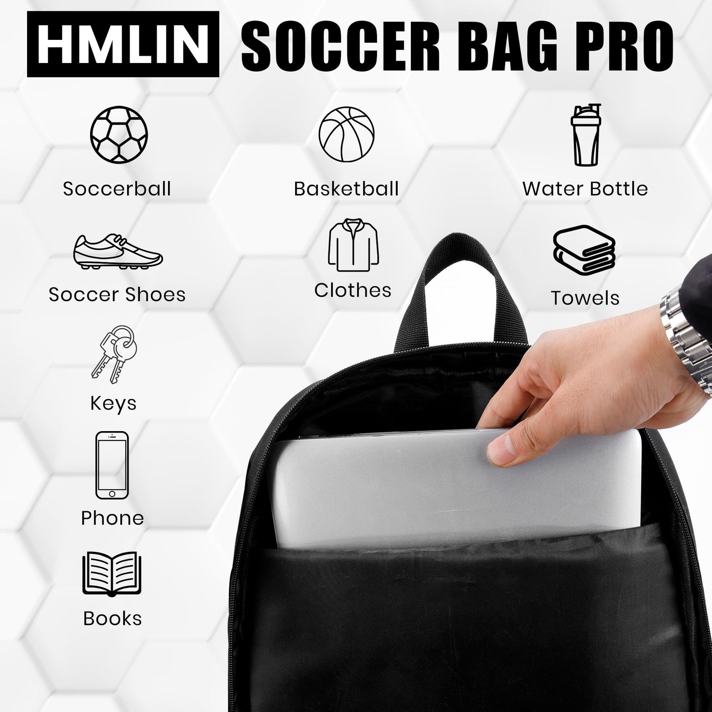 HMLIN OUTOOORS Soccer Backpack with Ball Holder,Youth soccer Bag for Basketball,Volleyball-Includes Separate Shoe Compartment&and Insulation (Black)