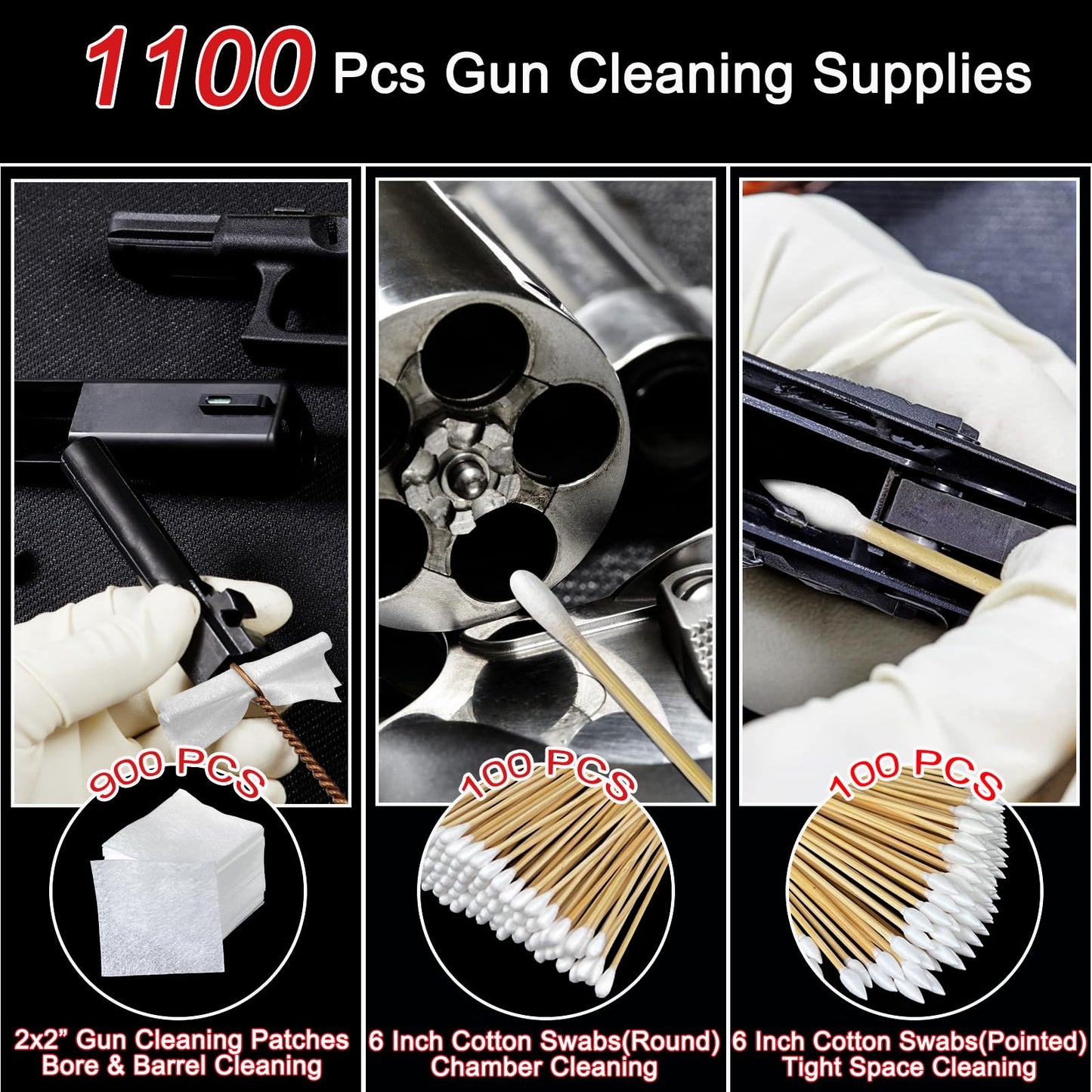 Gun Cleaning Supplies - 2x2'' Gun Cleaning Patches and 6''Gun Cleaning Swabs Set - Handgun, Shotgun, Pistol and Rifle Cleaning & Maintenance Kit