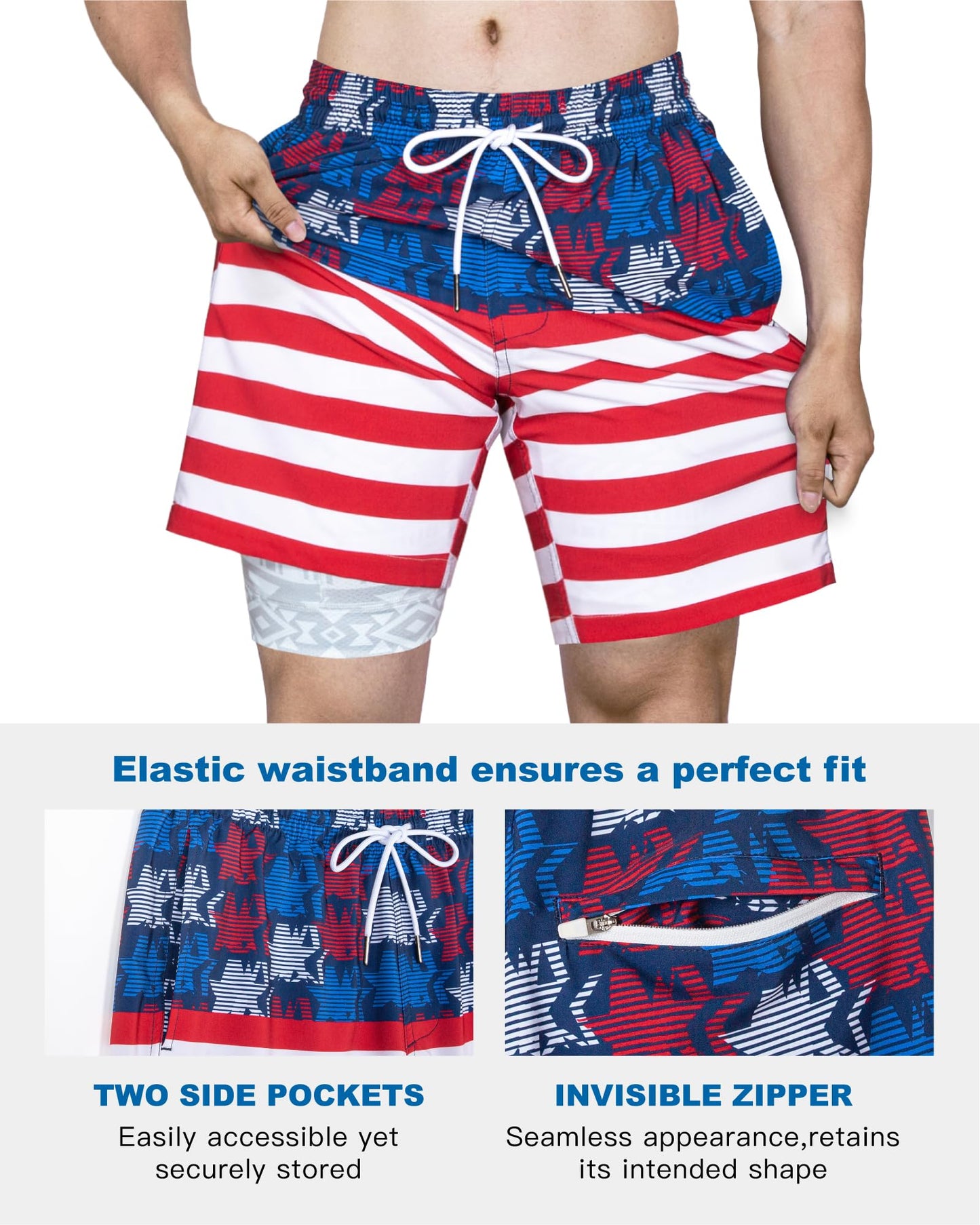 SURF CUZ Mens Swim Trunks with Compression Liner Quick Dry Swim Shorts 7" Swimming Trunks Stretch Bathing Suit 7 Inch,American Flag,XL