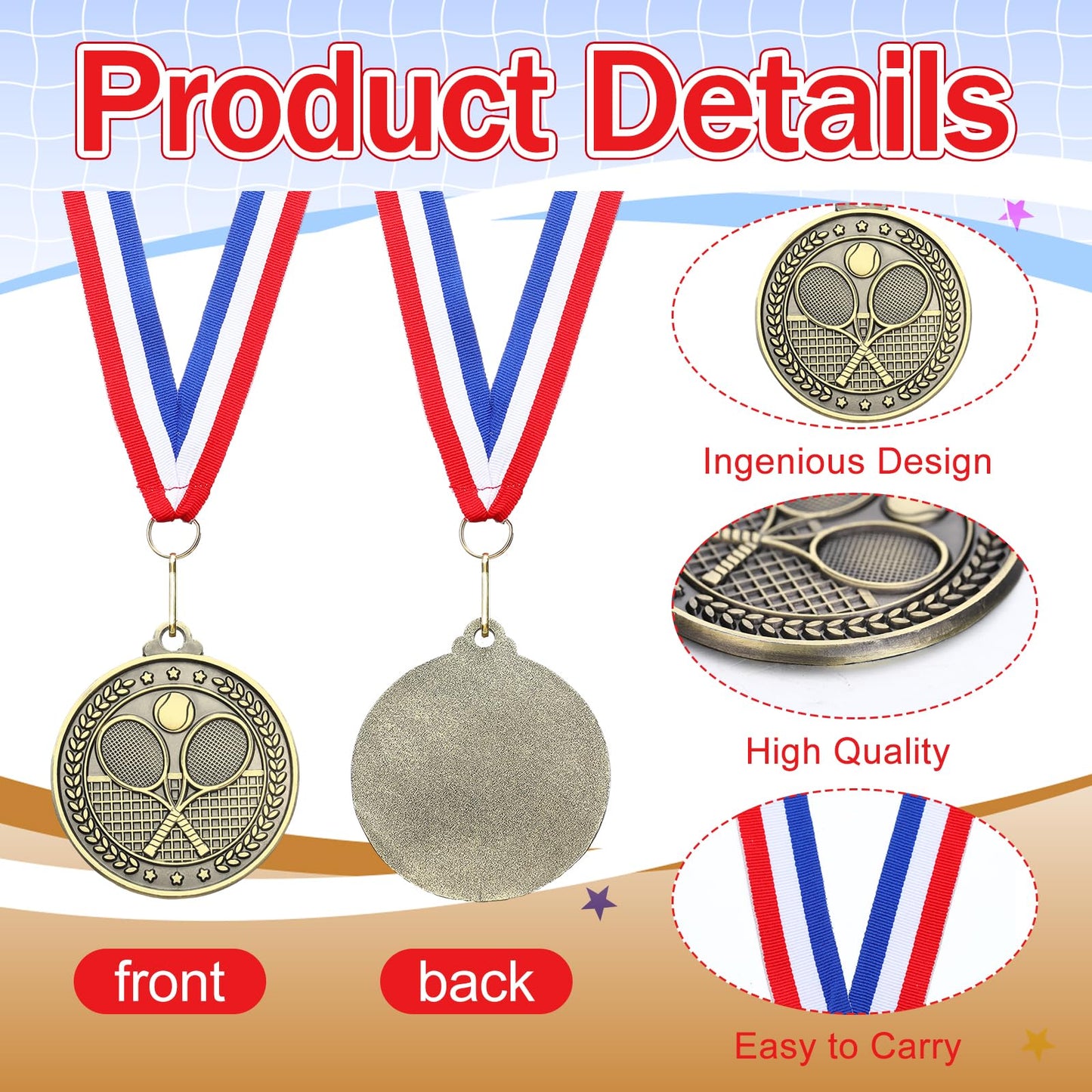 Remuuly 12 Pcs 2'' Gold Award Medals with Neck Ribbons Metal Champion Trophy Medal for Baseball Softball Soccer Volleyball Football Sports Games Events Party Prize Player Team Winner Gift(Tennis)