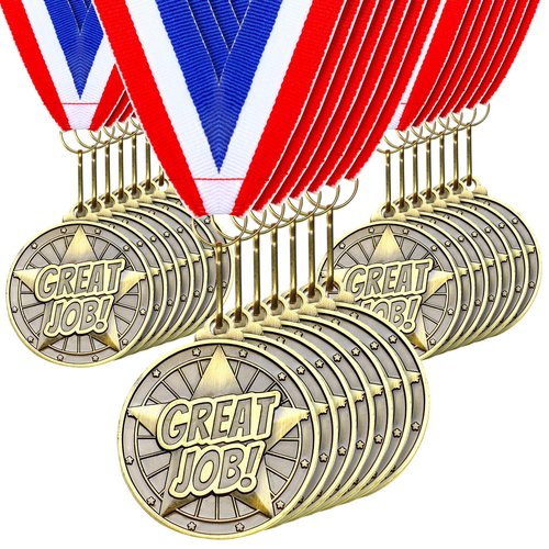 Quelay 100 Pcs Award Medals Bulk 2 Inch Gold Winner Medals with Neck Ribbons for Sports Tournaments Competitions Party Favors(Great Job)