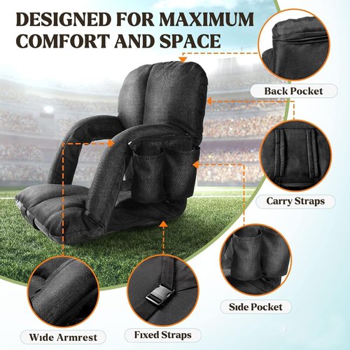 Extra Wide Stadium Seats with Back Support, 2 Pack Bleacher Chairs with Back and Cushion, 6 Reclining Positions, Stadium Chair Bleacher Seat with Armrests for Sport Events, Camping (Black, 25")