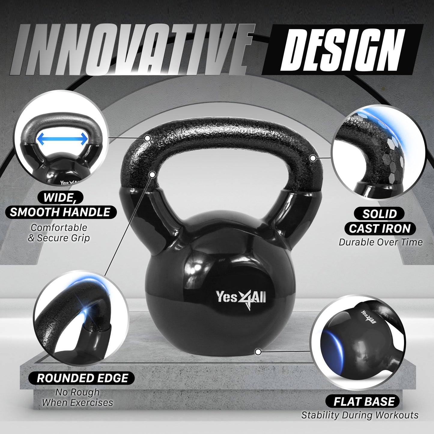 Yes4All Kettlebells 5 10 15 20 25 30 lbs Set Weight Vinyl Coated Cast Iron for Dumbbell Weights Exercises, Gym, Fitness, Full Body Workout Equipment Push up, Grip and Strength, Black