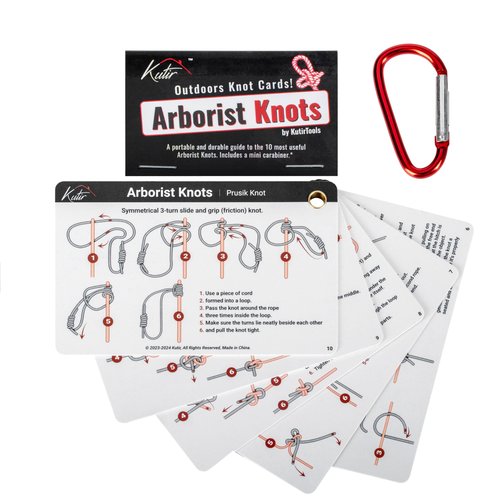 Kutir Arborist Knots Card Set - 10 Essential Knots for Camping, Climbing, & More - Waterproof Pocket Guide with a Carabiner