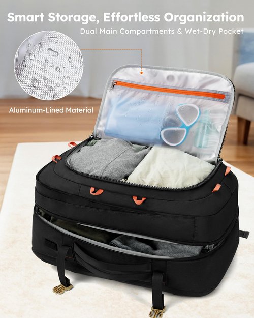 Tolaccea Travel Laptop Backpack, TSA Flight Approved Carry On Travel Duffel Backpack, Dual Laptop Storage for 17.3" and 15.6" Laptop, Large Luggage Backpack 45-50L Expandable for Men Women (Black)