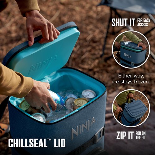Ninja | Backpack Cooler | FrostVault Go 24 Can Soft Cooler | Leakproof Zipper with Built in Can Opener, 2 Ice Packs & Dry Storage Drawer | for Hiking, Camping & More | Lakeshore Blue | FF124NV