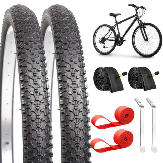 2-Pack Mountain Bike Tires Set | 26x1.95/2.125 Inch Foldable Replacement Tires with Tubes & Tire Levers | All-Terrain MTB Tire for Trail, Road, Beach & Snow