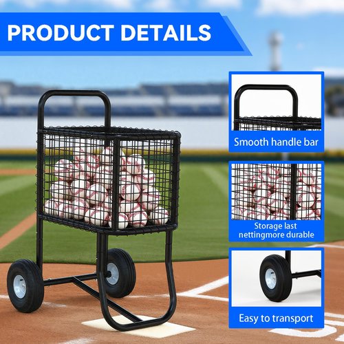 GARVIN Black Baseball & Softball Cart with Wheels – Heavy-Duty Powder-Coated Steel Frame, Holds 300+ Baseballs or 150 Softballs, 10.5" All-Terrain Wheels, Ball Transport Cart for Field & Training