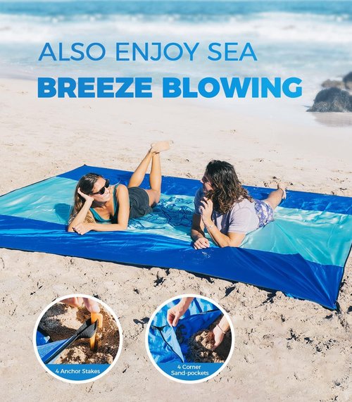 LinaLife 79"x83" beach blanket waterproof sandproof Adults Oversized Lightweight Large Picnic Mat for Travel Camping Hiking Picnic quick drying Sea Turtle Design Anchor Stakes and Compact Travel Bag