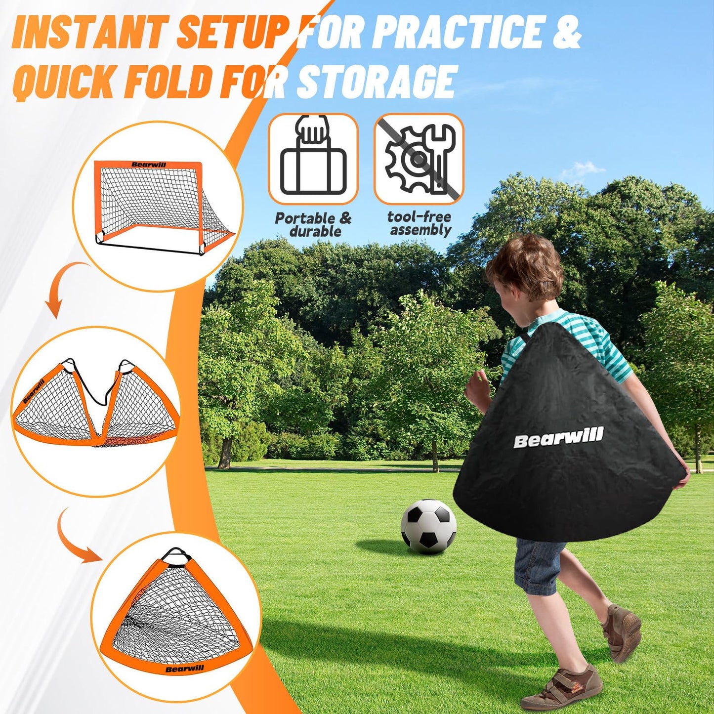 Bearwill Soccer Goal, Kids Soccer Goals for Backyard Set of 2, 4x3ft Portable Soccer Goal Pop Up Soccer Net, Kids Soccer Net Training Equipment with Soccer Ball, Ladder, Cones, Targets