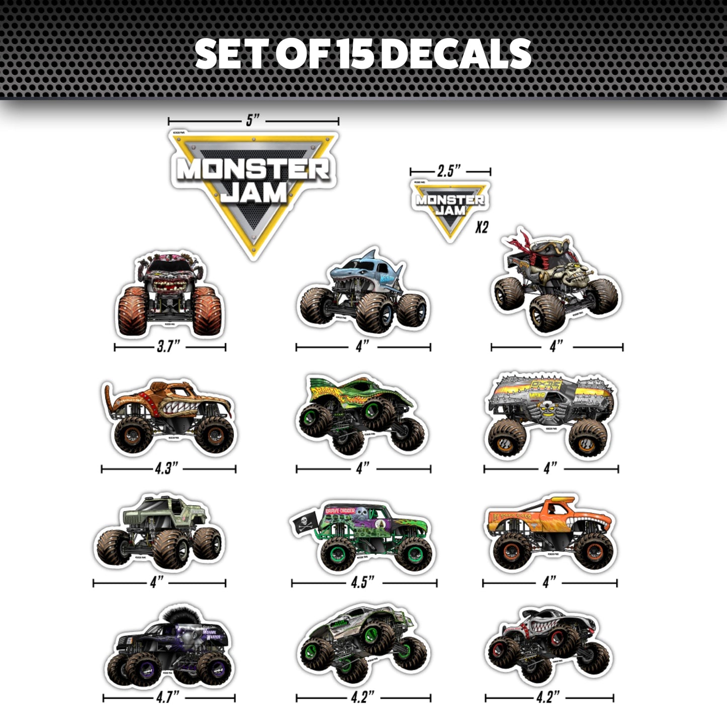 Monster Jam Trucks Decal Pack - Set of 15 Monster Truck Stickers Includes Grave Digger El Toro Loco Max D Zombie Megalodon Dragon Soldier Fortune Mutt