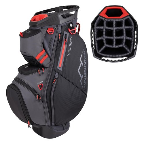 Sun Mountain 2025 C-130 14 Way Golf Bag with Full-Length Dividers and 11 Pockets for Ultimate Convenience - Lightweight Golf Cart Bag with Cart Strap Pass-Through for Golf Carts - Steel Black Red